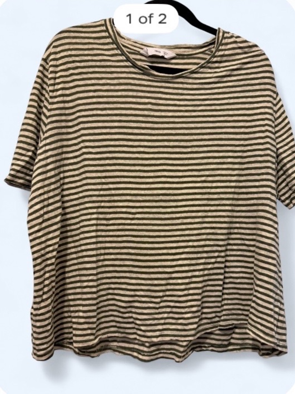 Striped Short Sleeve Tee in Olive and Cream linen mango